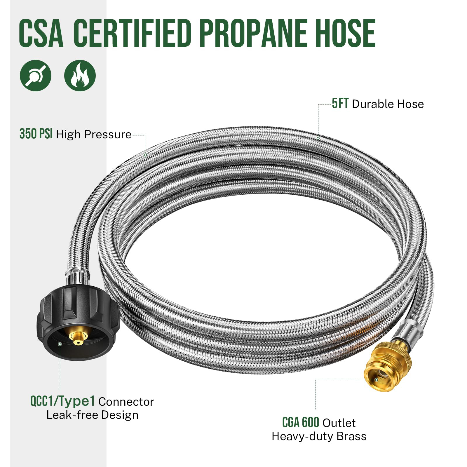 Tools Qcc - Propane Hose Adapter 5FT Stainless Steel
