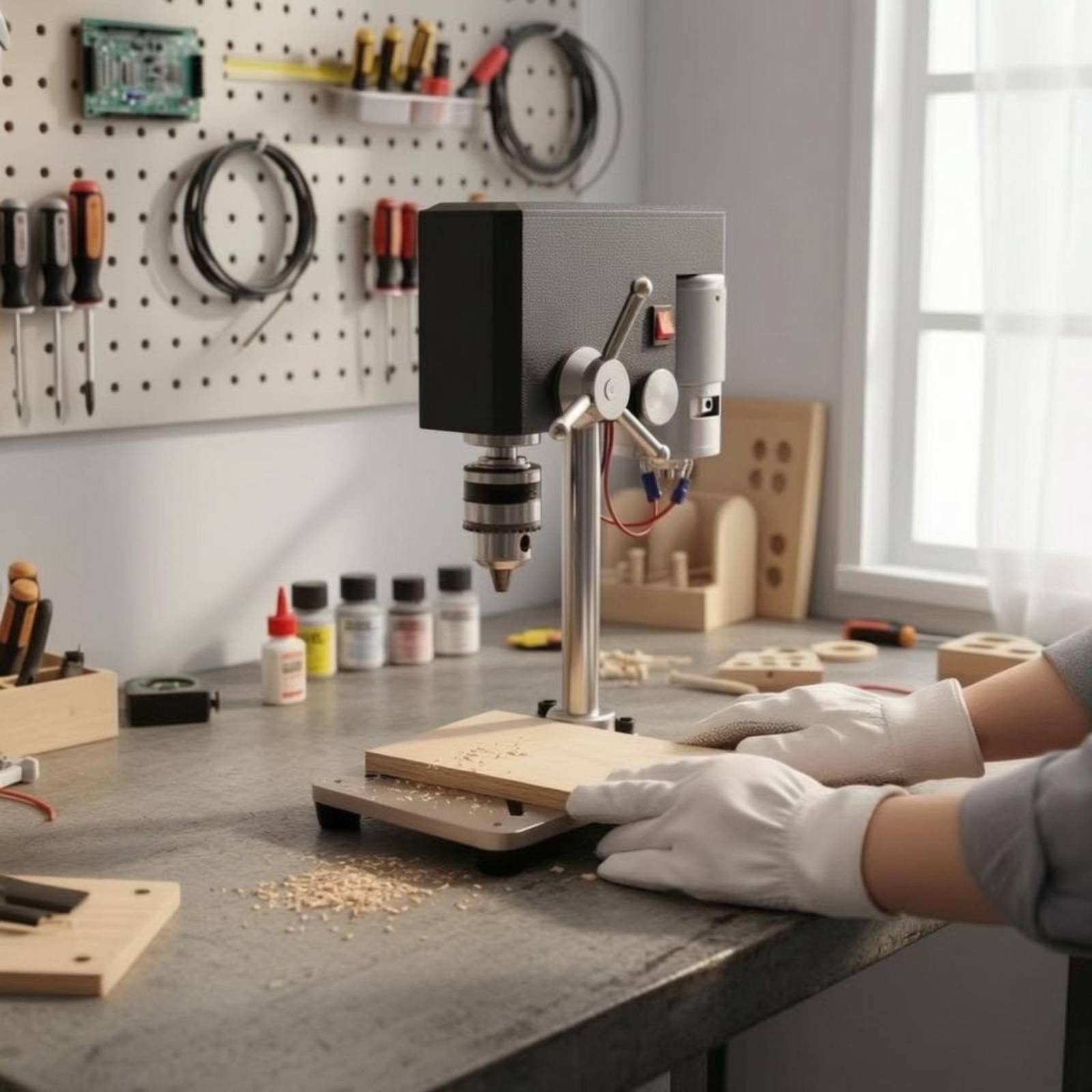 Power Tools In Workshop - Mini Bench Drill Press Small Size